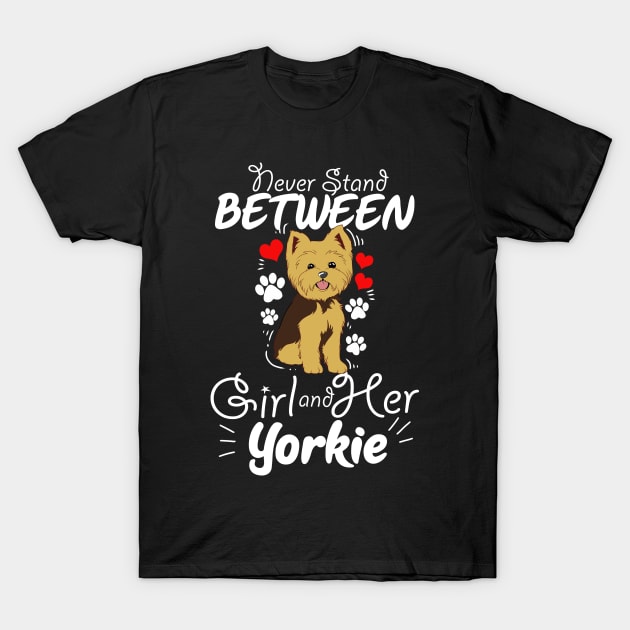 Womens Yorkshire Terrier Gift Stand Between Girl Yorkie Print T-Shirt by Linco